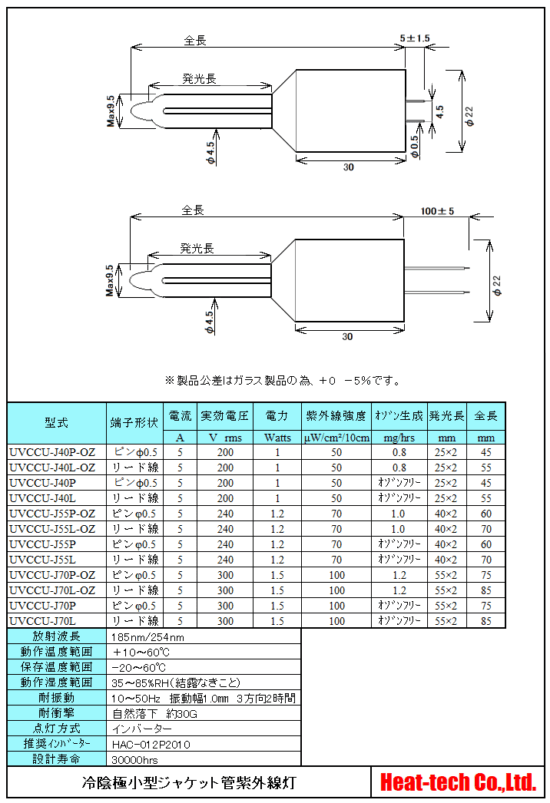 冷陰極小型ジャケット管紫外線灯　UVCCU-Jシリーズ