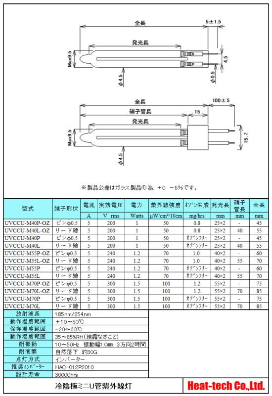 冷陰極ミニU管紫外線灯　UVCCU-Mシリーズ